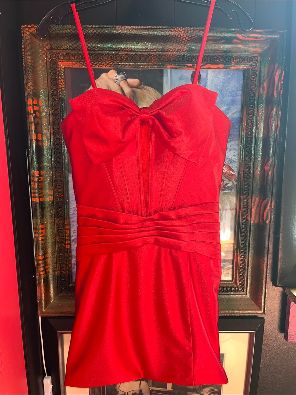 Red Satin Spaghetti-Strap Prom Dress with Bow Detail